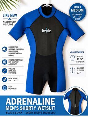 Adrenaline Shorty Wetsuit Mens Medium Blue Black Like New Surf Swim